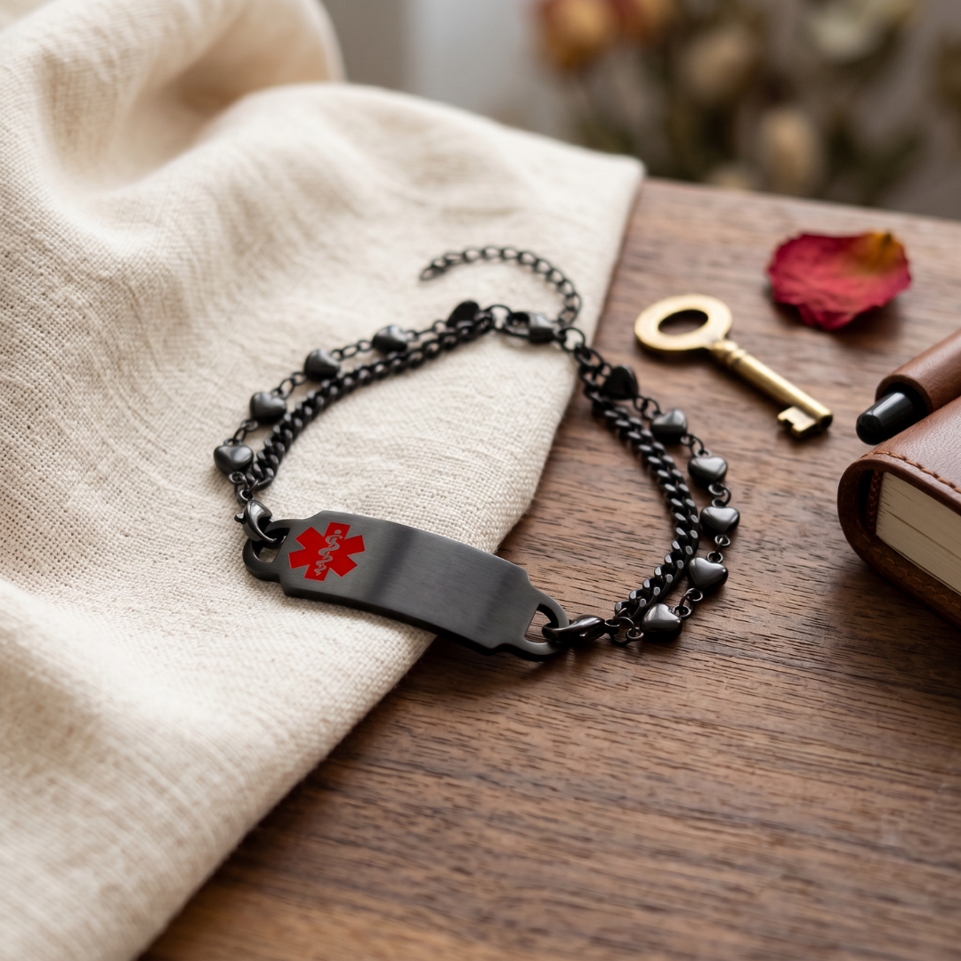 Women's Black Heart Double Chain Medical ID Bracelet