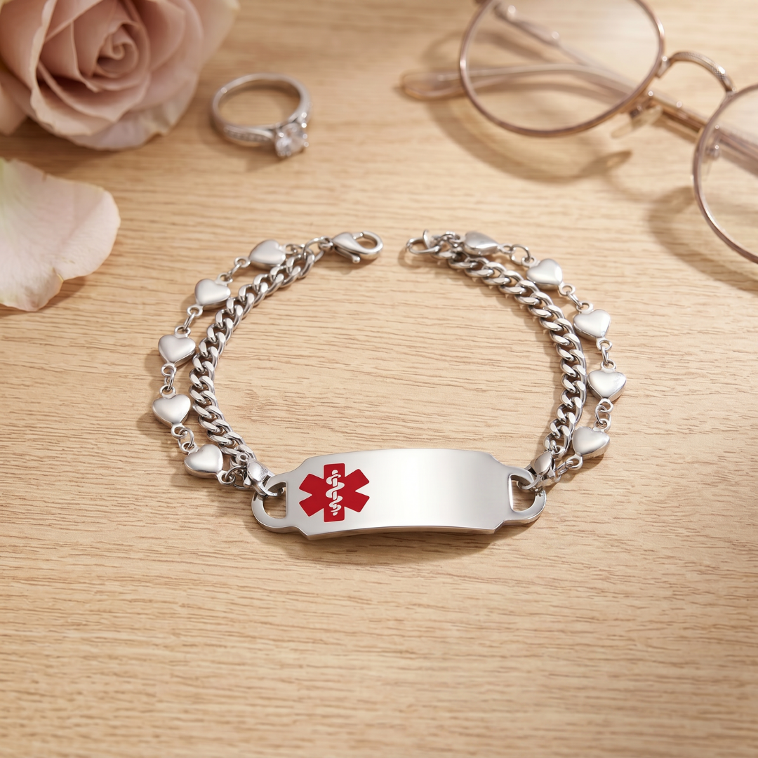 Women's Double Chain Heart Medical ID Bracelet