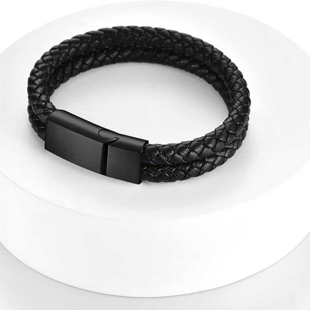 Black Double Braided Personalised Leather Bracelet with Black Clasp-Personalised Bracelet-Auswara