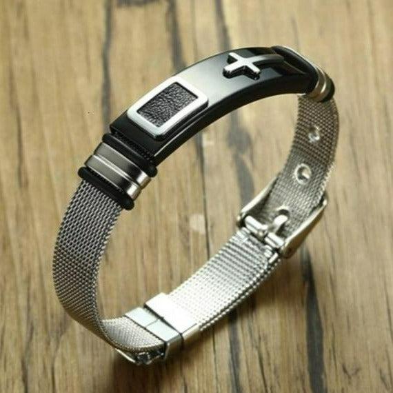 Black Silver Colour Cross Mesh Christian Bracelet-Cross Bracelet-Auswara