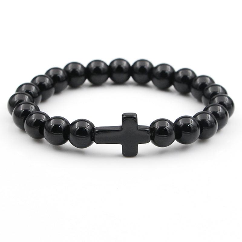 Black Stone Bead Cross Christian Bracelet-Cross Bracelet-Auswara