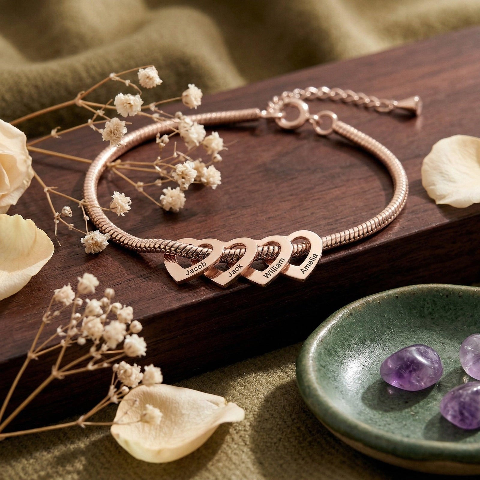 Celestine Heart Bracelet | Engraved Family Name Bracelet-Personalised Bracelet-Auswara