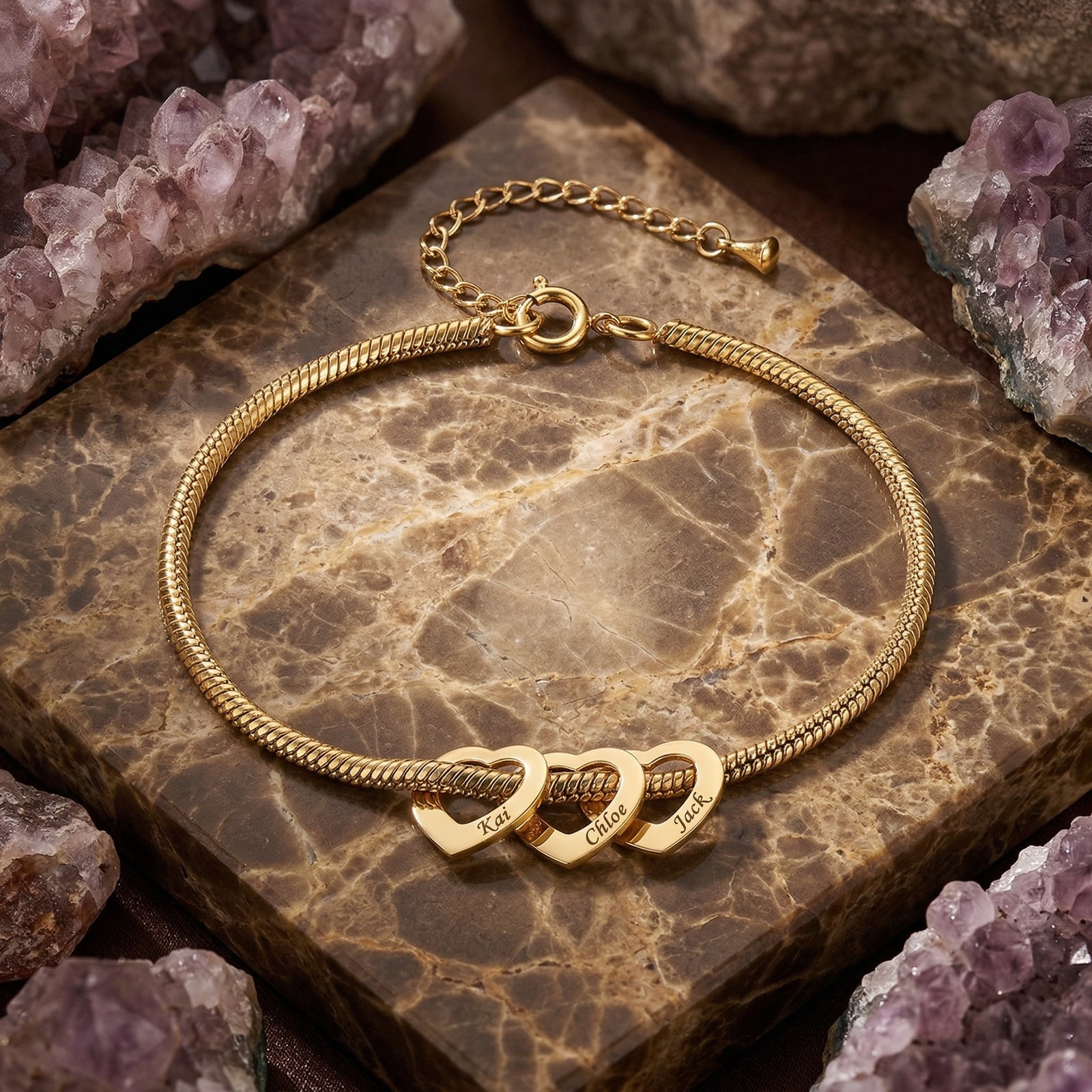 Celestine Heart Bracelet | Engraved Family Name Bracelet-Personalised Bracelet-Auswara