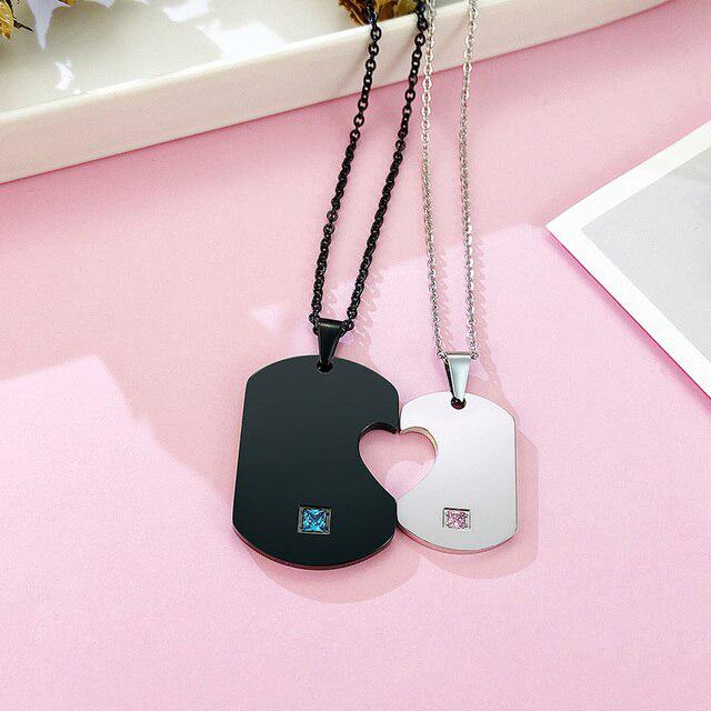 Couples Heart Puzzle Pendant Necklaces with Cubic Zirconia – Black & Steel-Couples Necklace-Auswara