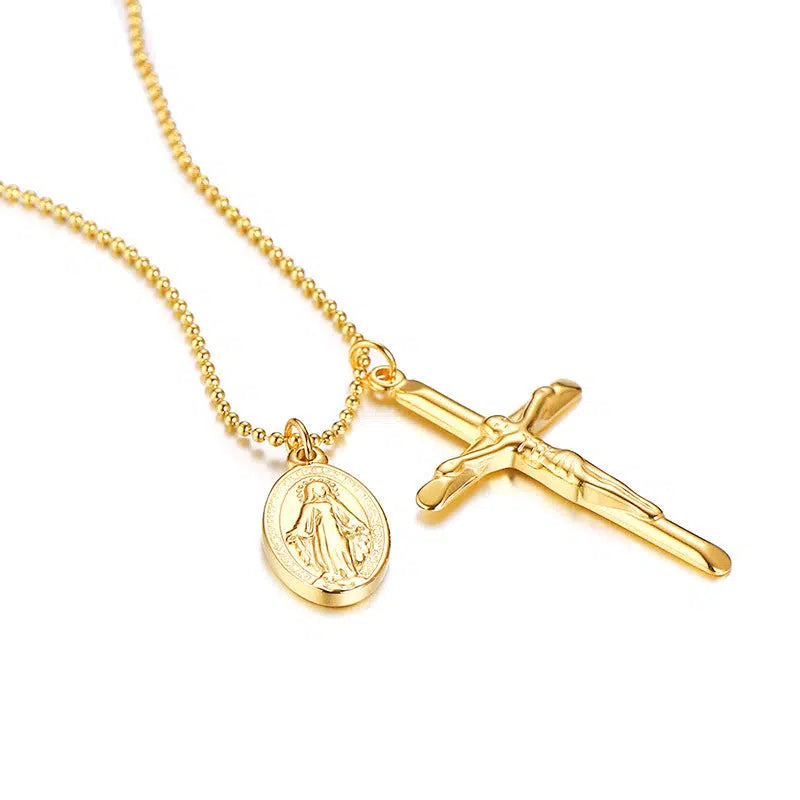 Cross Necklace With Oval Medallion Pendant-Cross Necklace-Auswara