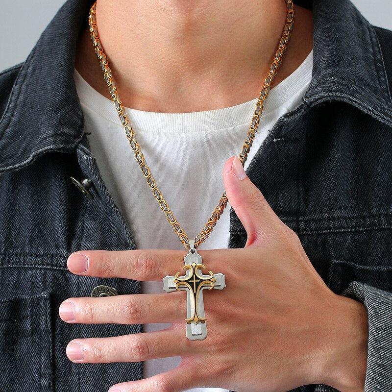 Crucifix Cross Necklace with Silver and Gold Colour Chain-Cross Necklace-Auswara