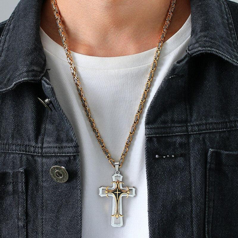 Crucifix Cross Necklace with Silver and Gold Colour Chain-Cross Necklace-Auswara