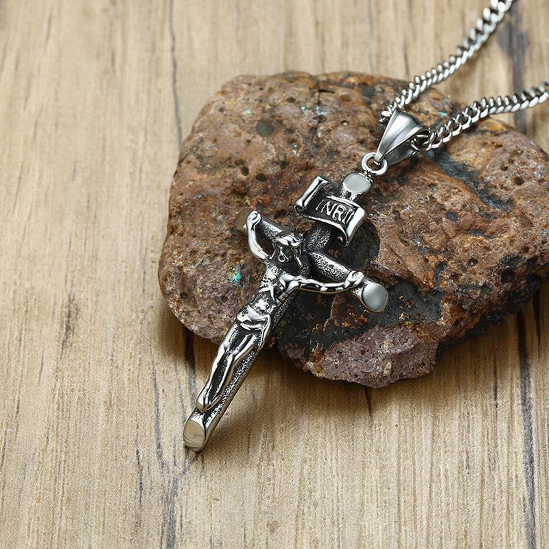 Crucifix Pendant Necklace in Silver Colour-Cross Necklace-Auswara
