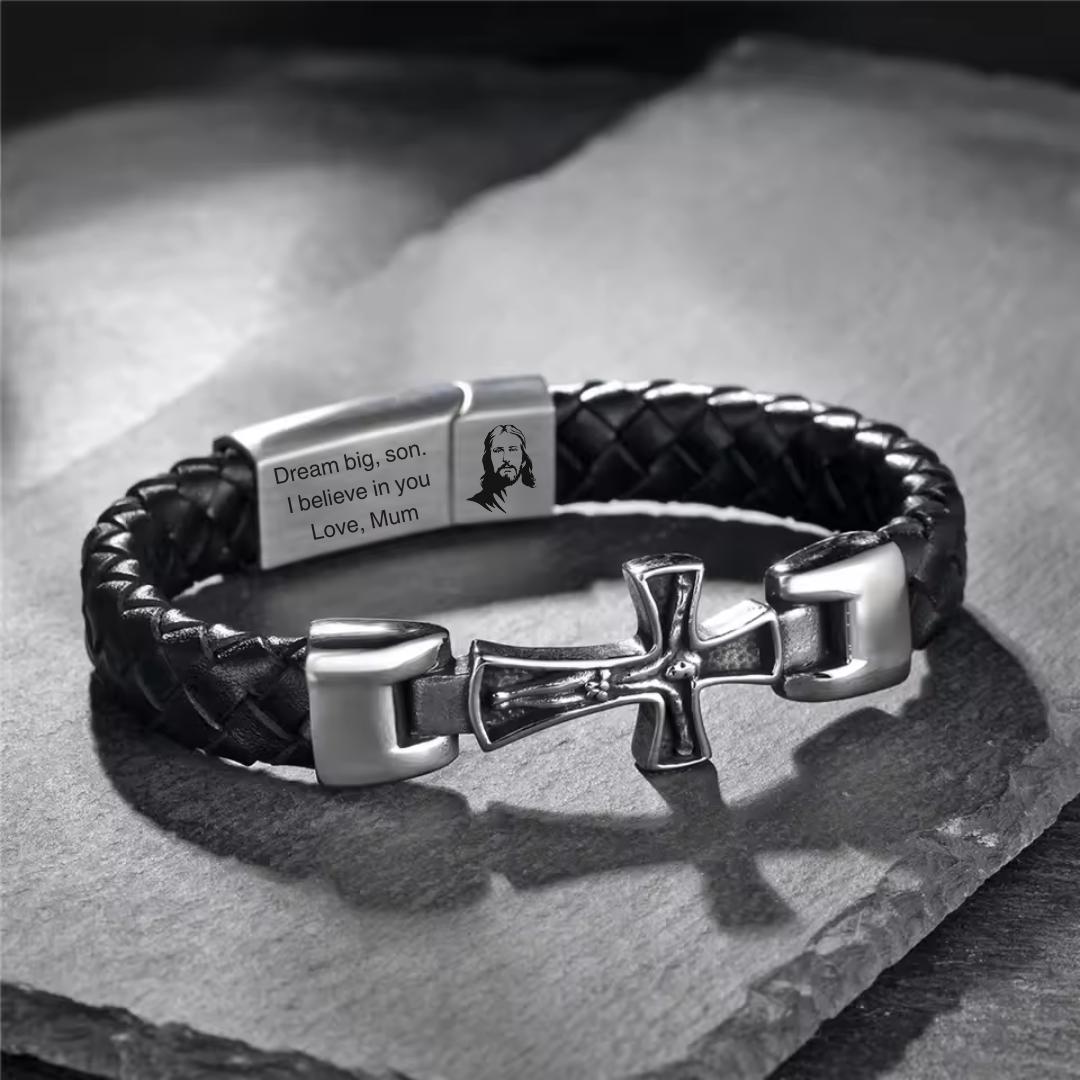 CruxBond Personalised Crucifix Leather Bracelet-Personalised Bracelet-Auswara