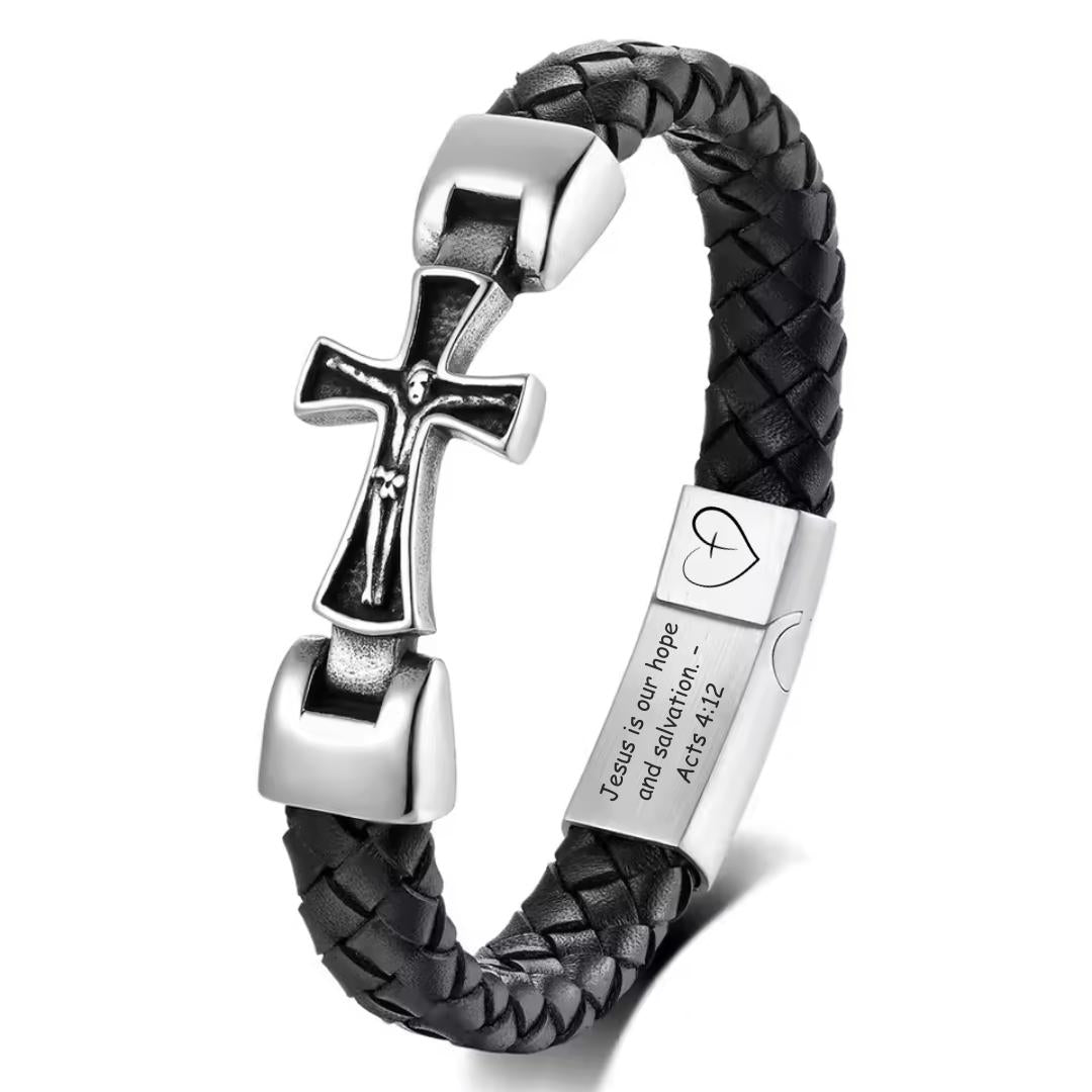 CruxBond Personalised Crucifix Leather Bracelet-Personalised Bracelet-Auswara