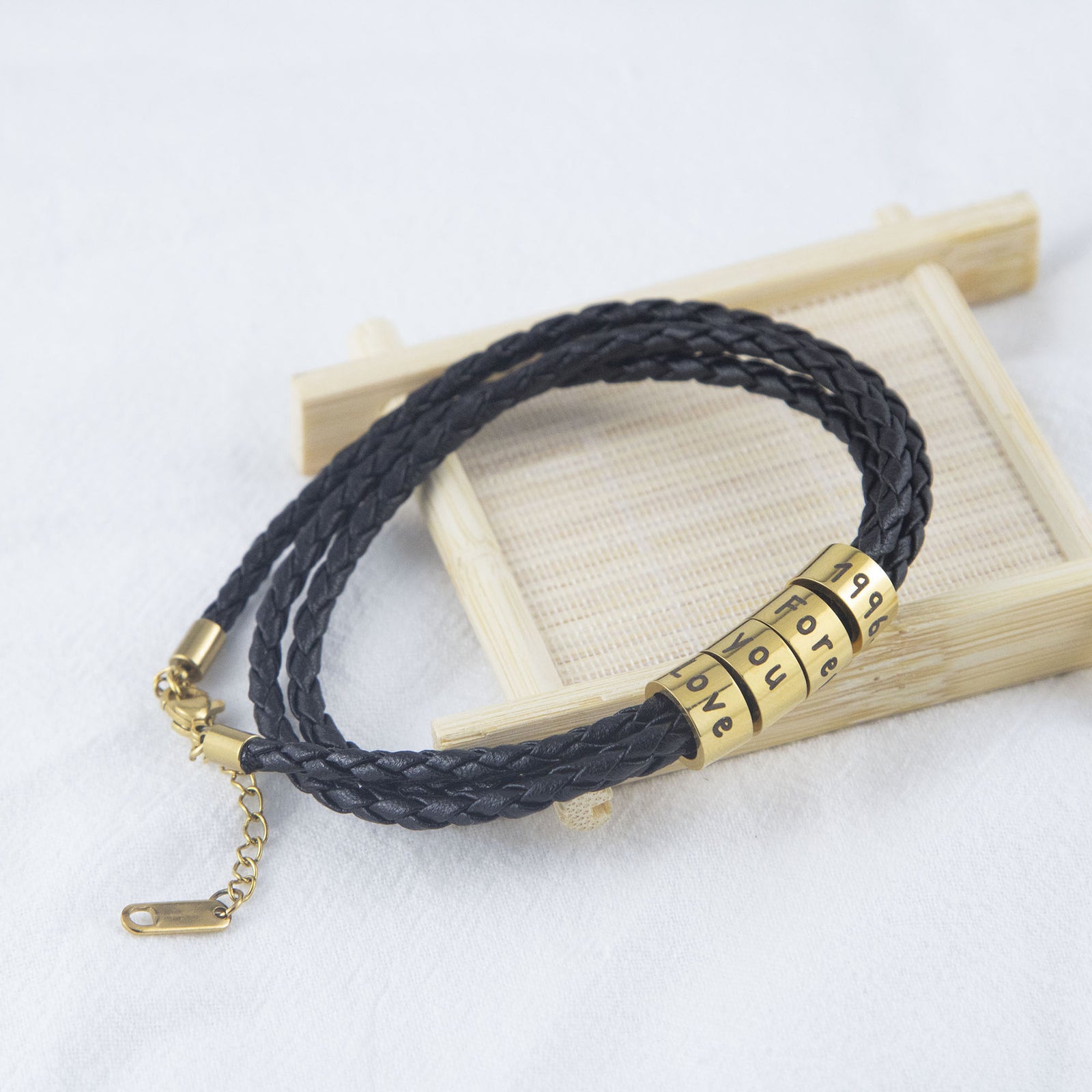 Custom Engraved Black Braided Leather Bracelet - Unisex