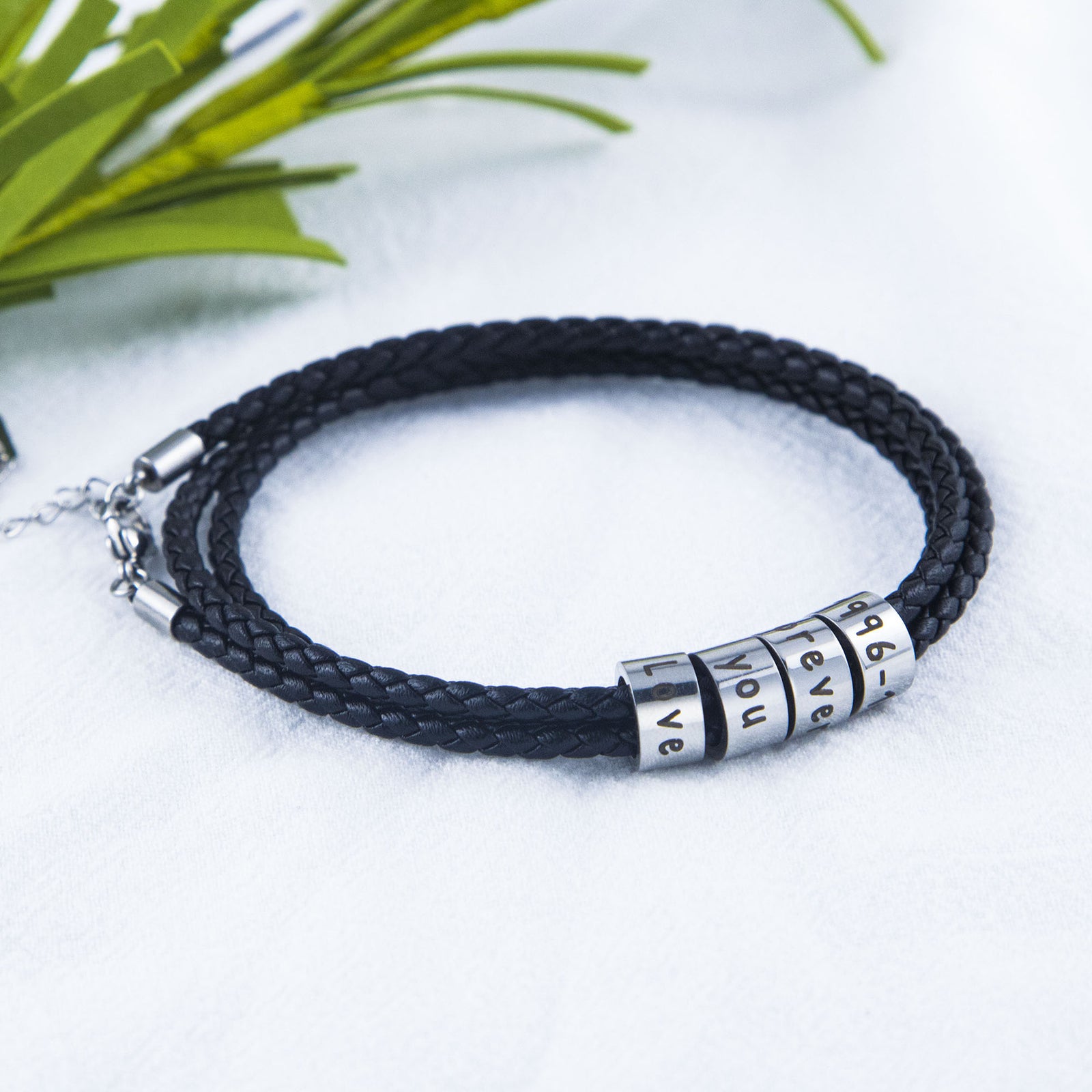 Custom Engraved Black Braided Leather Bracelet - Unisex