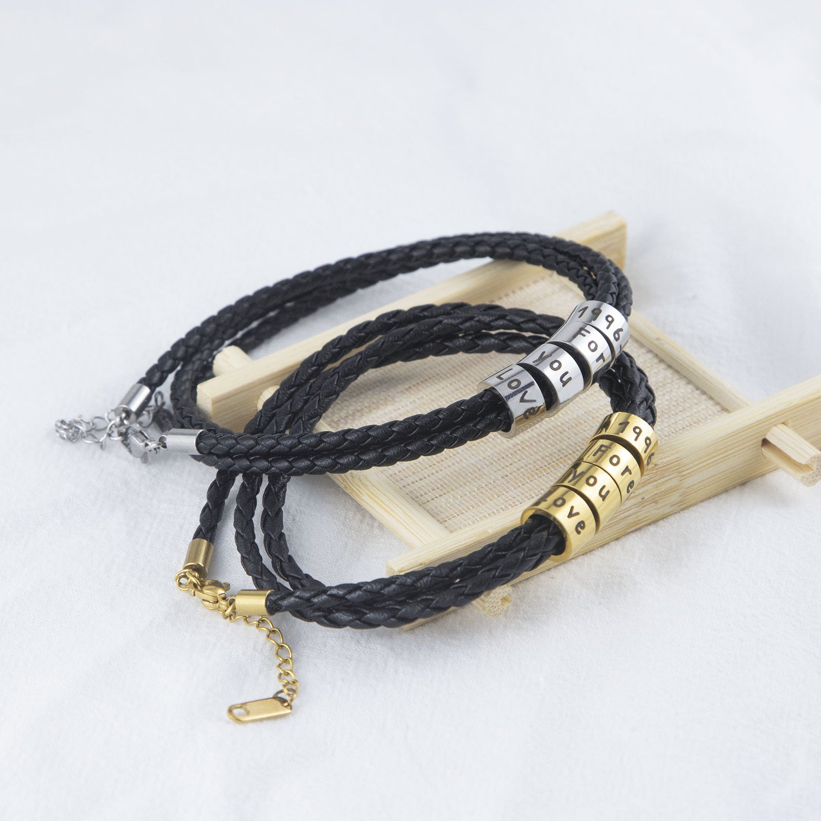 Custom Engraved Black Braided Leather Bracelet - Unisex