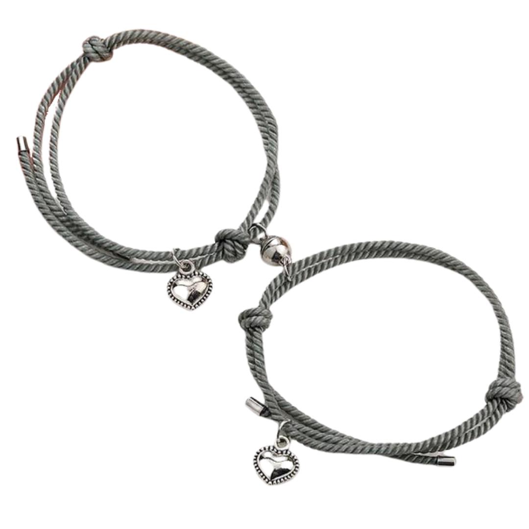 Dark Grey Magnetic Friendship Rope Bracelets with Hearts-Friendship Bracelets-Auswara