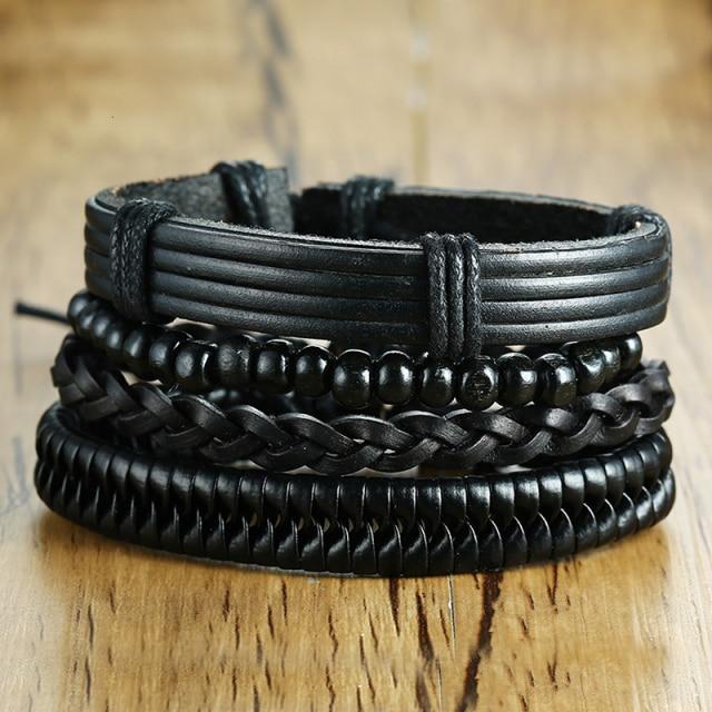 Dark Leather Wrap Bracelet Set-Set Bracelet-Auswara