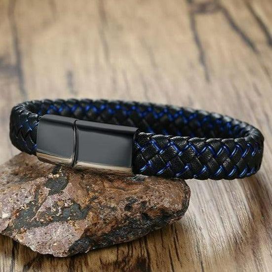 Engravable Braided Leather Bracelet with Black Bar (template clasp no symbols)-Personalised Bracelet-Auswara