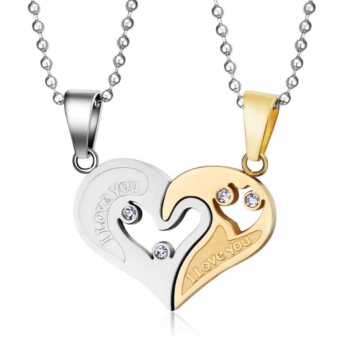Engraved Heart Puzzle Couples Necklace with Cubic Zirconia – Silver and Gold-Couples Necklace-Auswara