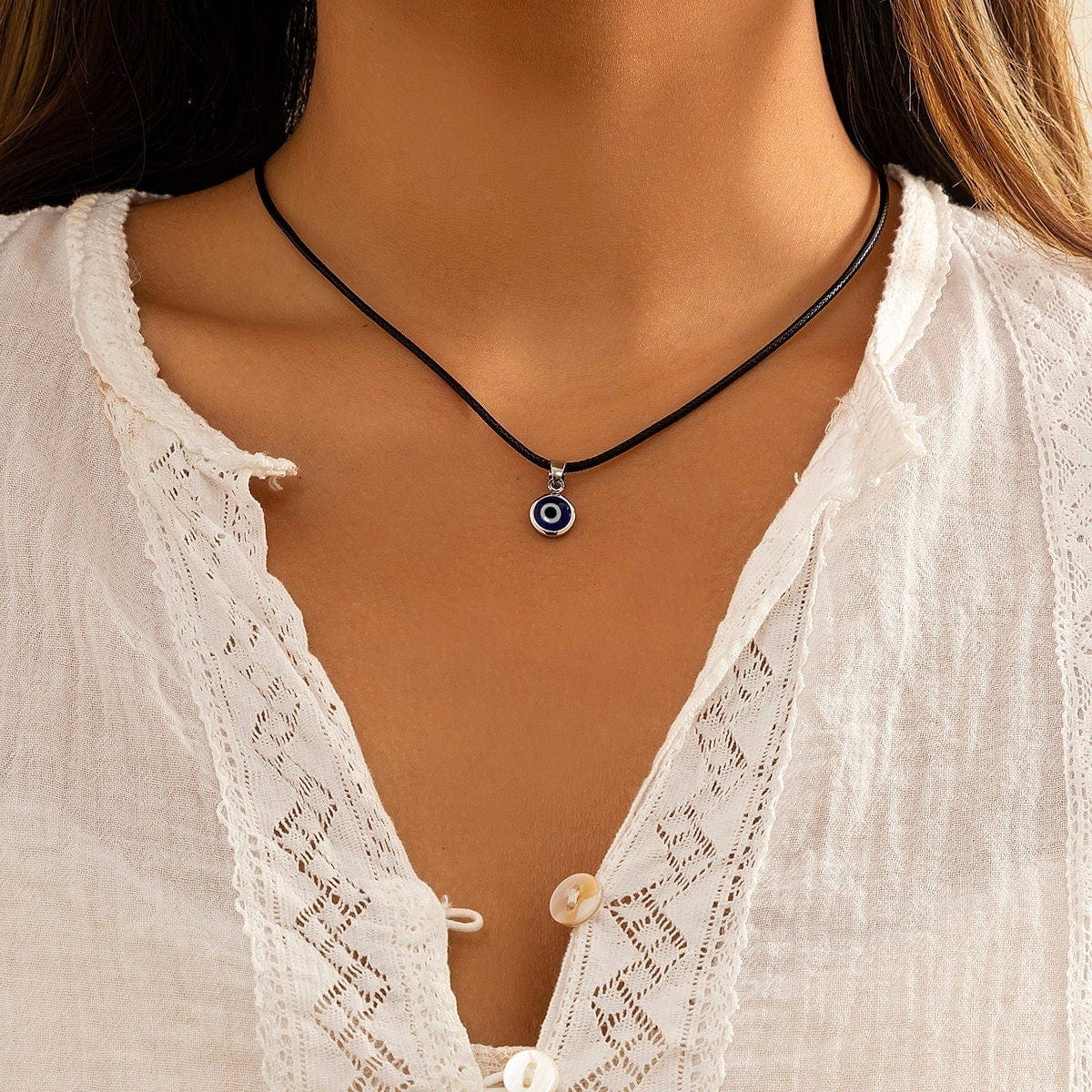 Evil Eye Pendant with Black String Necklace-Evil Eye Necklace-Auswara