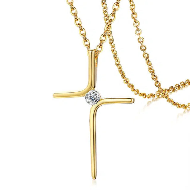 Gold Colour Cross Necklace with Cubic Zirconia-Cross Necklace-Auswara