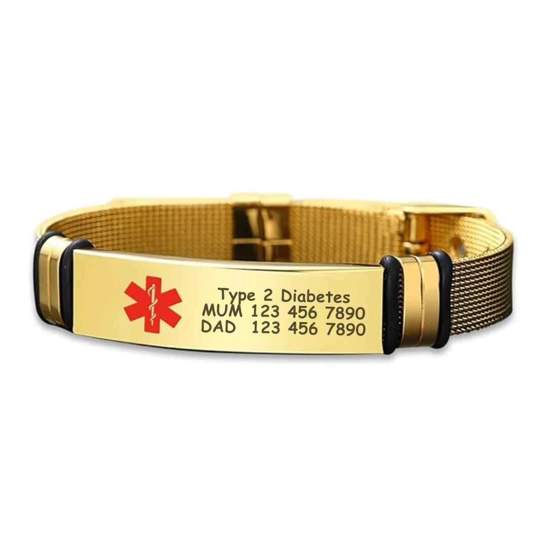Gold Mesh Medical ID Bracelet – Adjustable & Sleek