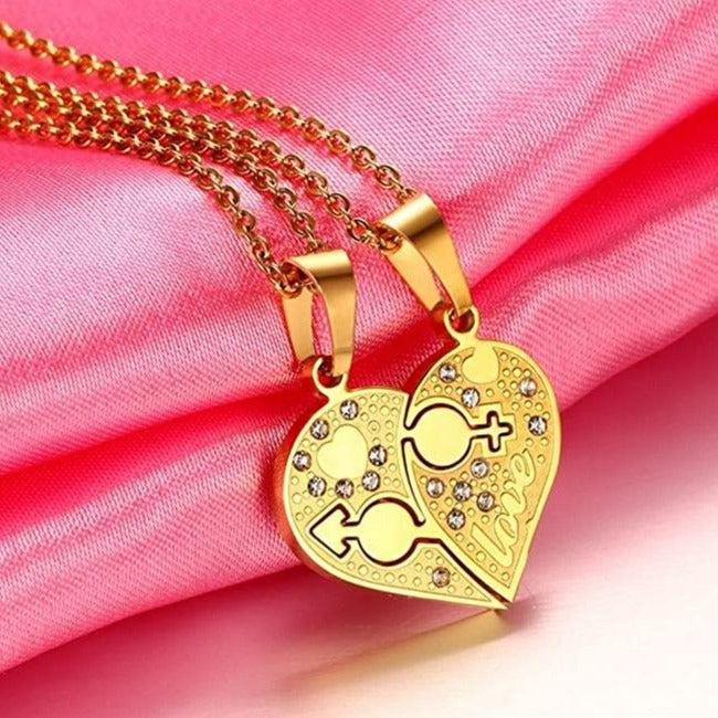 Love Link Duo Steel Necklace – Gold Colour-Couples Necklace-Auswara