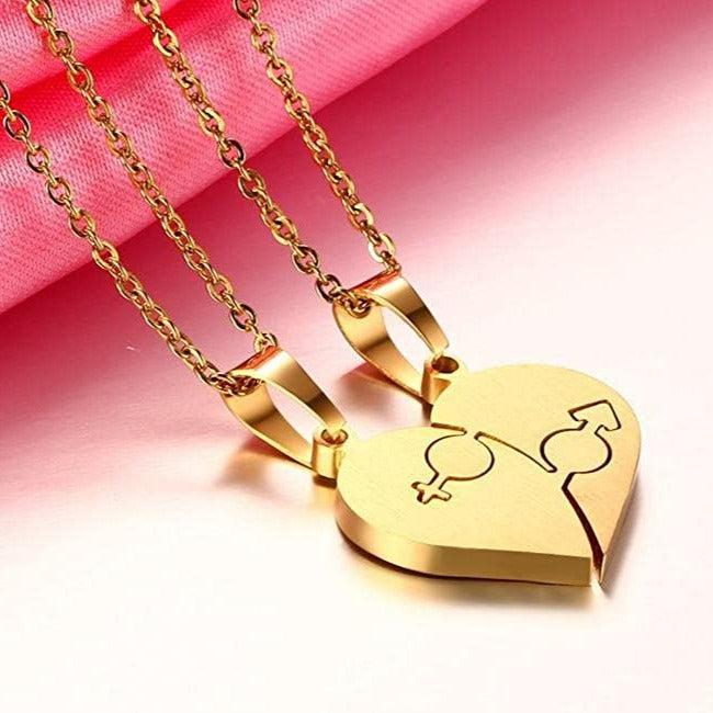 Love Link Duo Steel Necklace – Gold Colour-Couples Necklace-Auswara