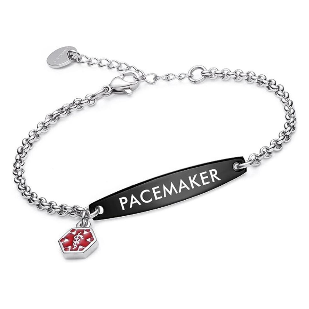 Medical Alert Bracelet with Black Bar and Silver Chain-Medical ID Bracelet-Auswara