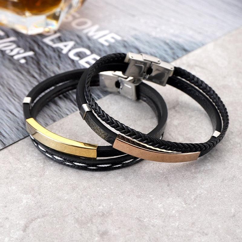 Men's Engravable Stacked Leather Bracelet-Personalised Bracelet-Auswara
