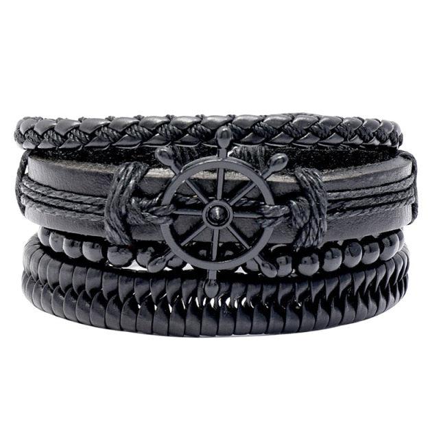 Multilayer Dark Leather & Beads Bracelet Set-Set Bracelet-Auswara