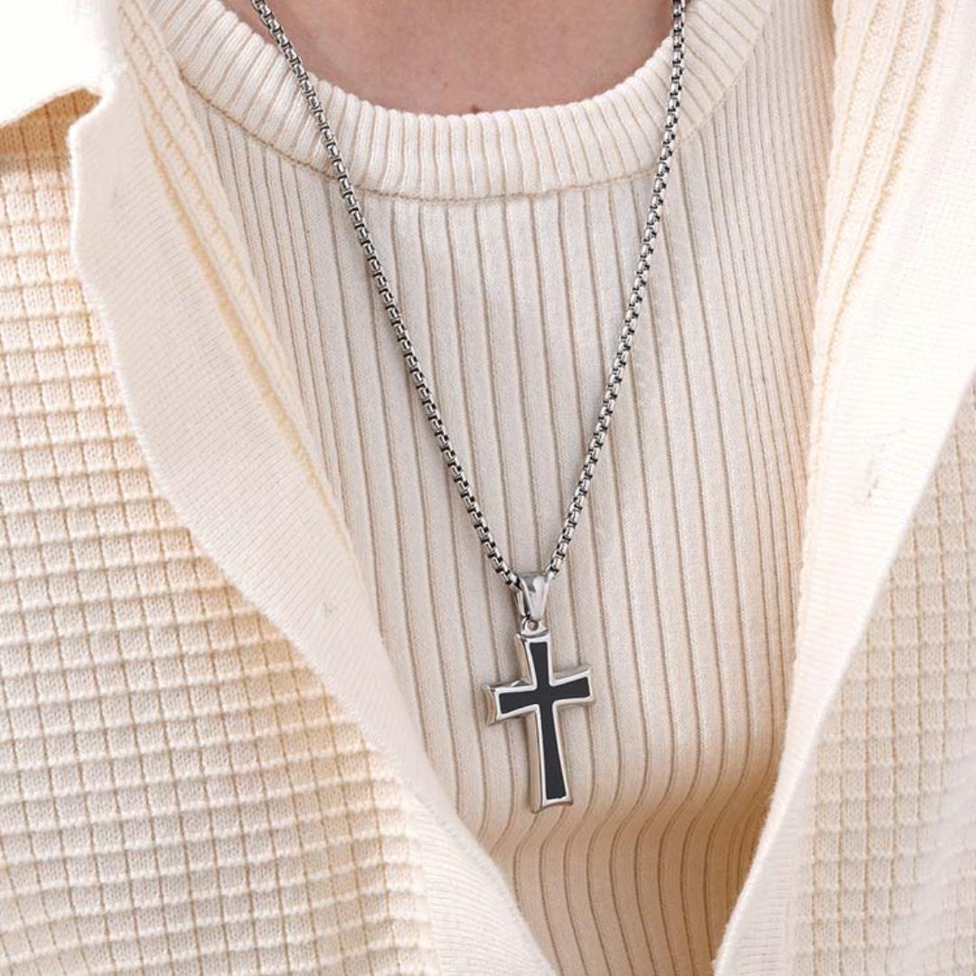 Onyx Edge Stainless Steel Cross Necklace-Cross Necklace-Auswara