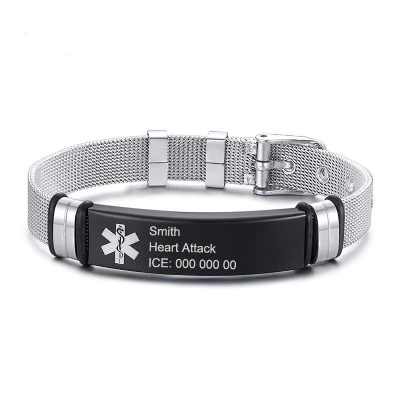 Personalised Black Bar Medical Alert ID Mesh Bracelet-Medical ID Bracelet-Auswara