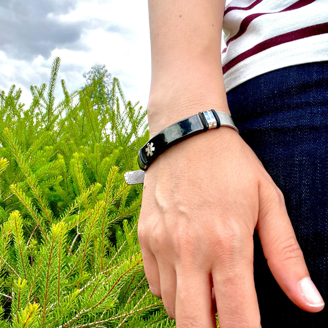 Personalised Black Bar Medical Alert ID Mesh Bracelet