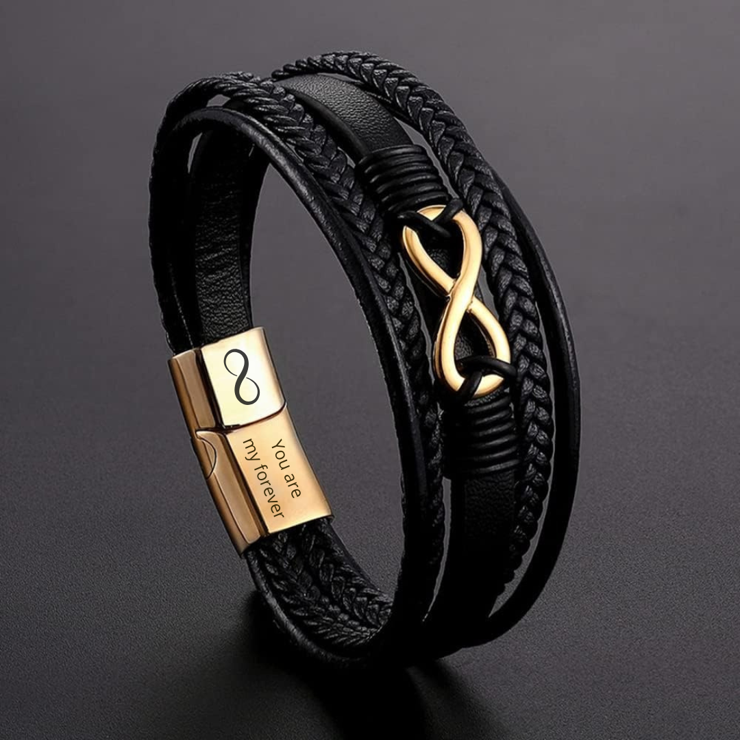 Personalised Black Leather Stainless Steel Infinity Bracelet