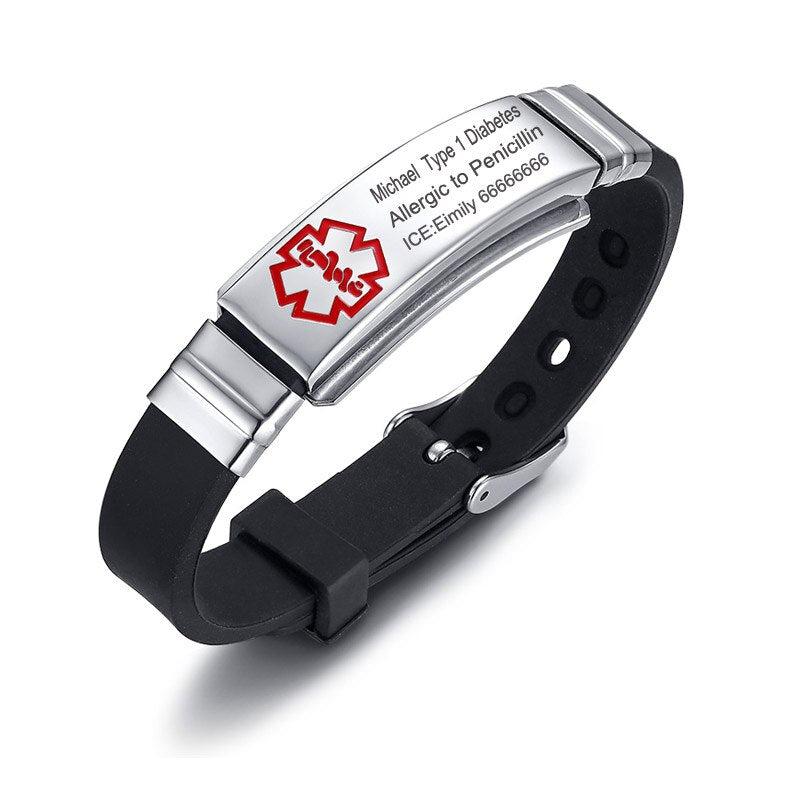 Personalised Black Silicone Medical Alert ID Bracelet-Medical ID Bracelet-Auswara