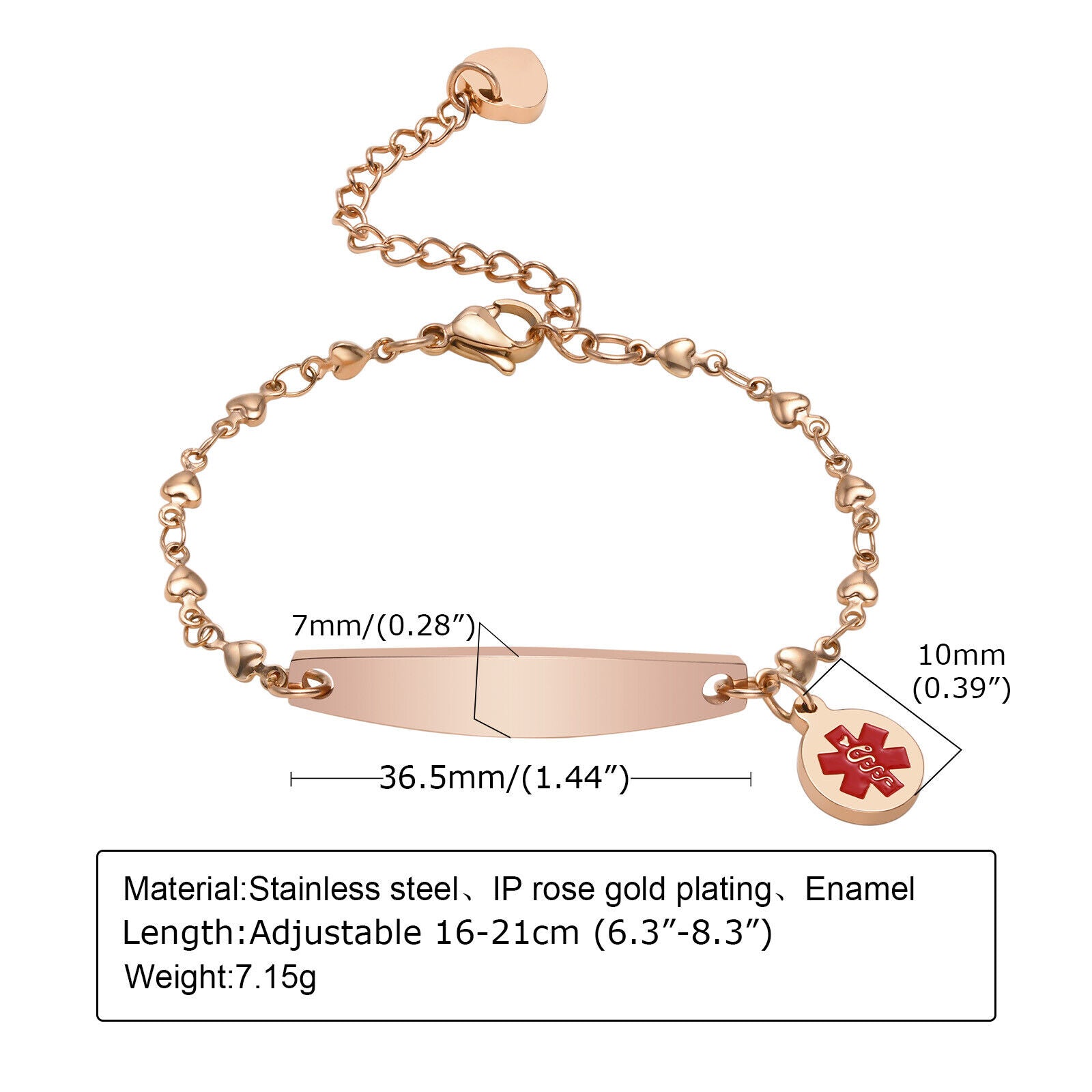 Personalised Medical Alert Heart Link Bracelet - Rose Gold-Medical ID Bracelet-Auswara