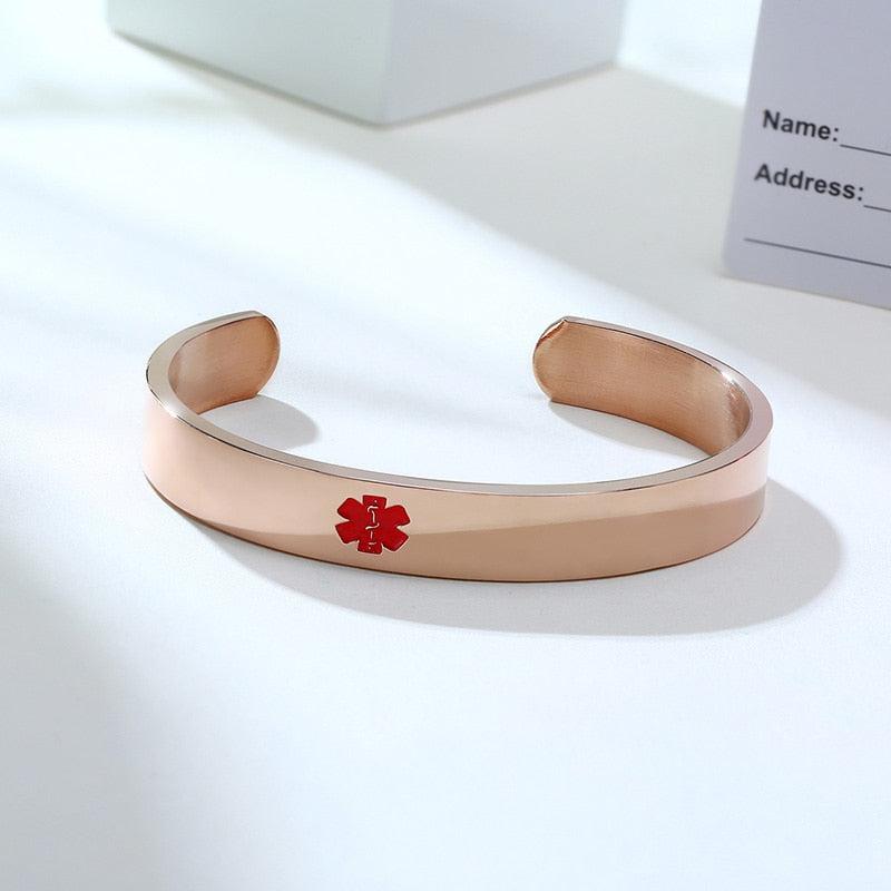 Personalised Rose Gold Colour Medical Cuff Bracelet-Medical ID Bracelet-Auswara