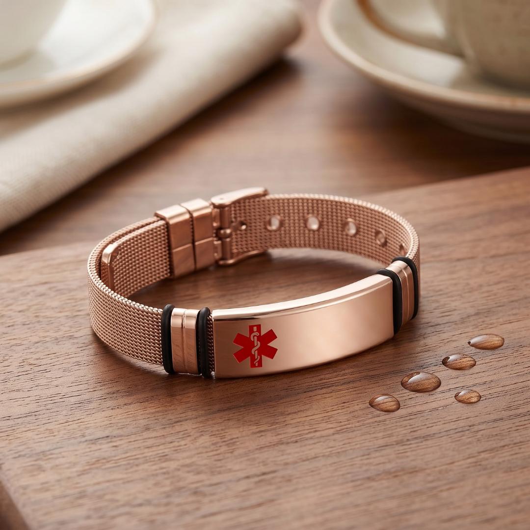 Personalised Rose Gold Medical Alert ID Mesh Bracelet-Medical ID Bracelet-Auswara