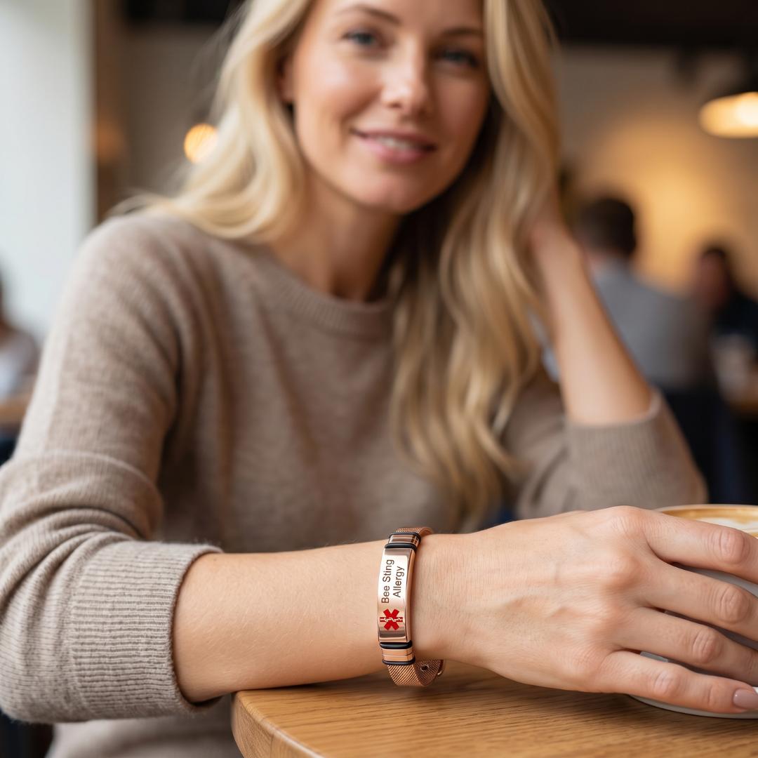 Personalised Rose Gold Medical Alert ID Mesh Bracelet-Medical ID Bracelet-Auswara