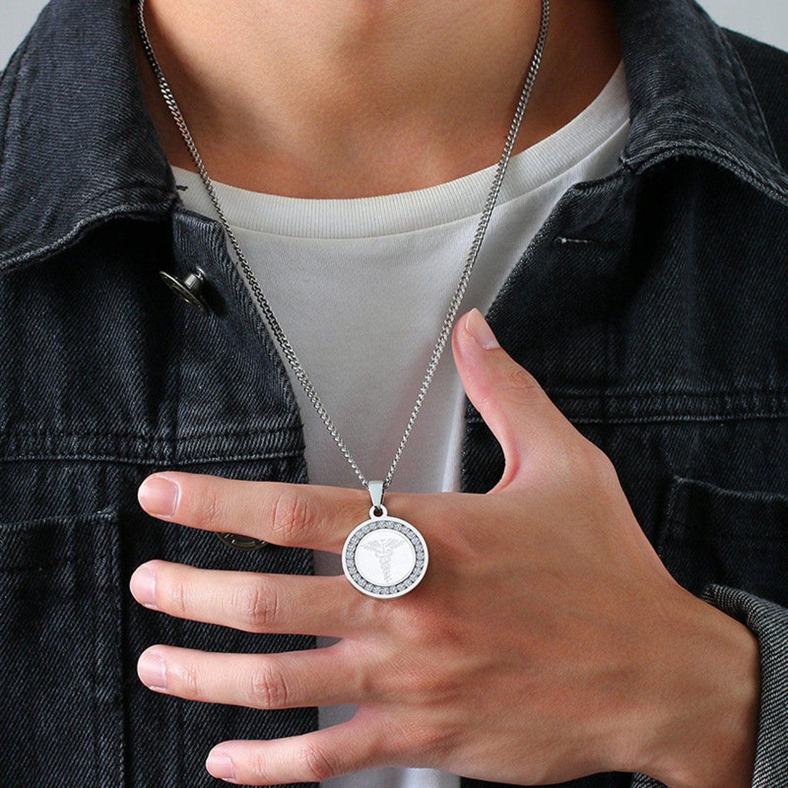 Personalised Round Medical Tag ID Necklace – Silver Colour-Medical Necklace-Auswara