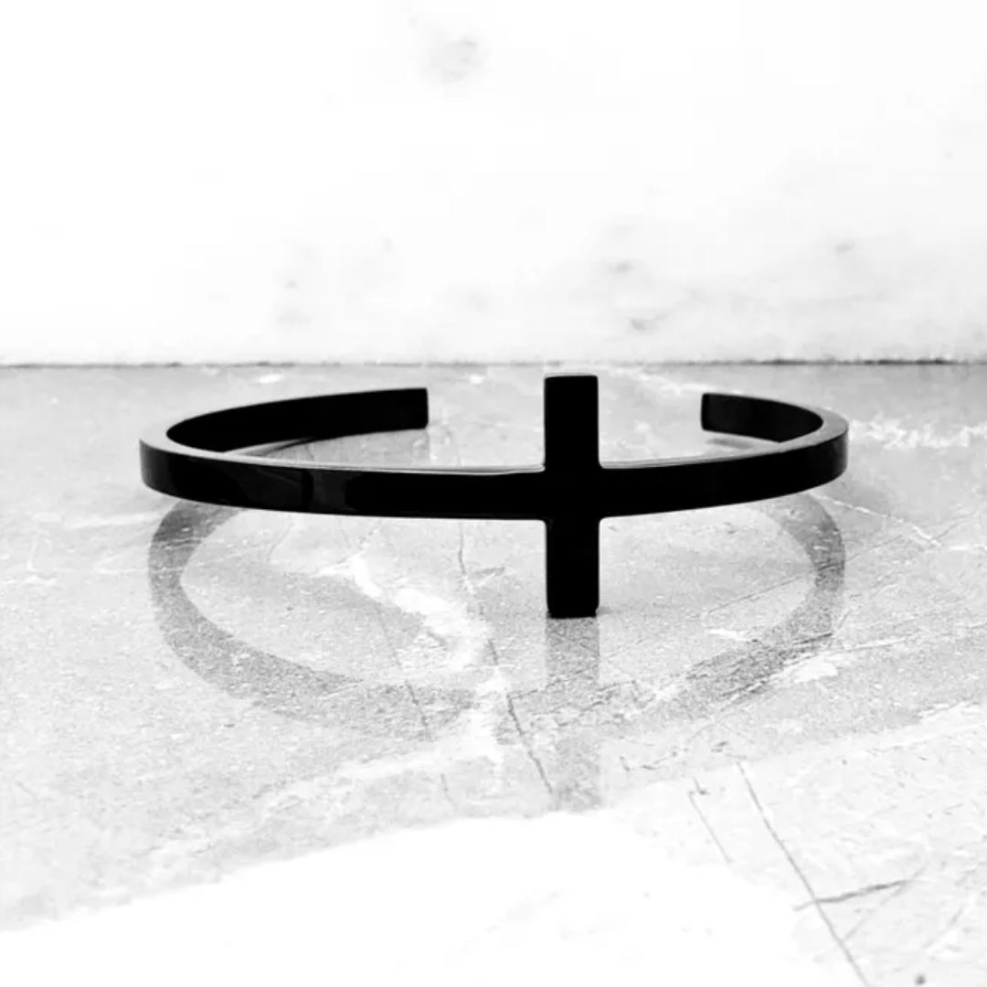 Personalised Unisex Black Plated Cross Cuff Christian Bracelet