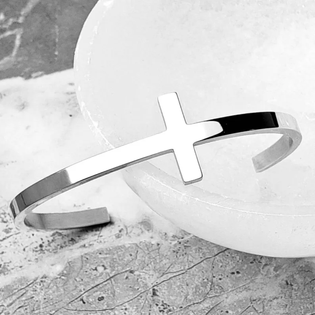 Personalised Unisex Steel Colour Cross Cuff Christian Bracelet