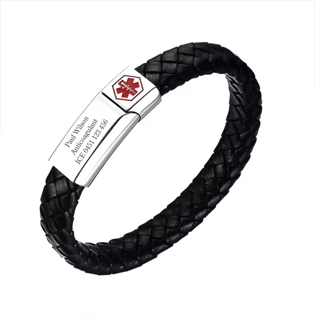 Red-Alert Leather Medical ID Bracelet with Silver Clasp-Medical ID Bracelet-Auswara