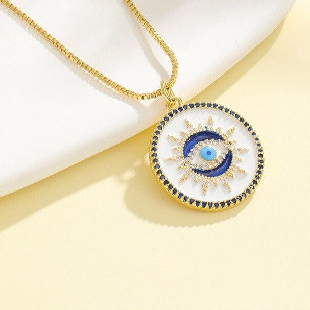 Round Evil Eye Pendant Necklace with Cubic Zirconia-Evil Eye Necklace-Auswara