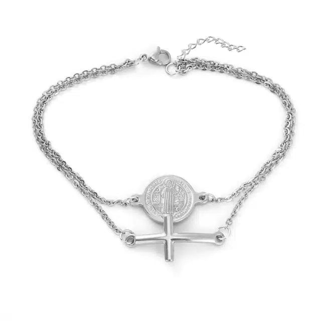 Saint Benedict Cross Bracelet in Silver Colour-Cross Bracelet-Auswara