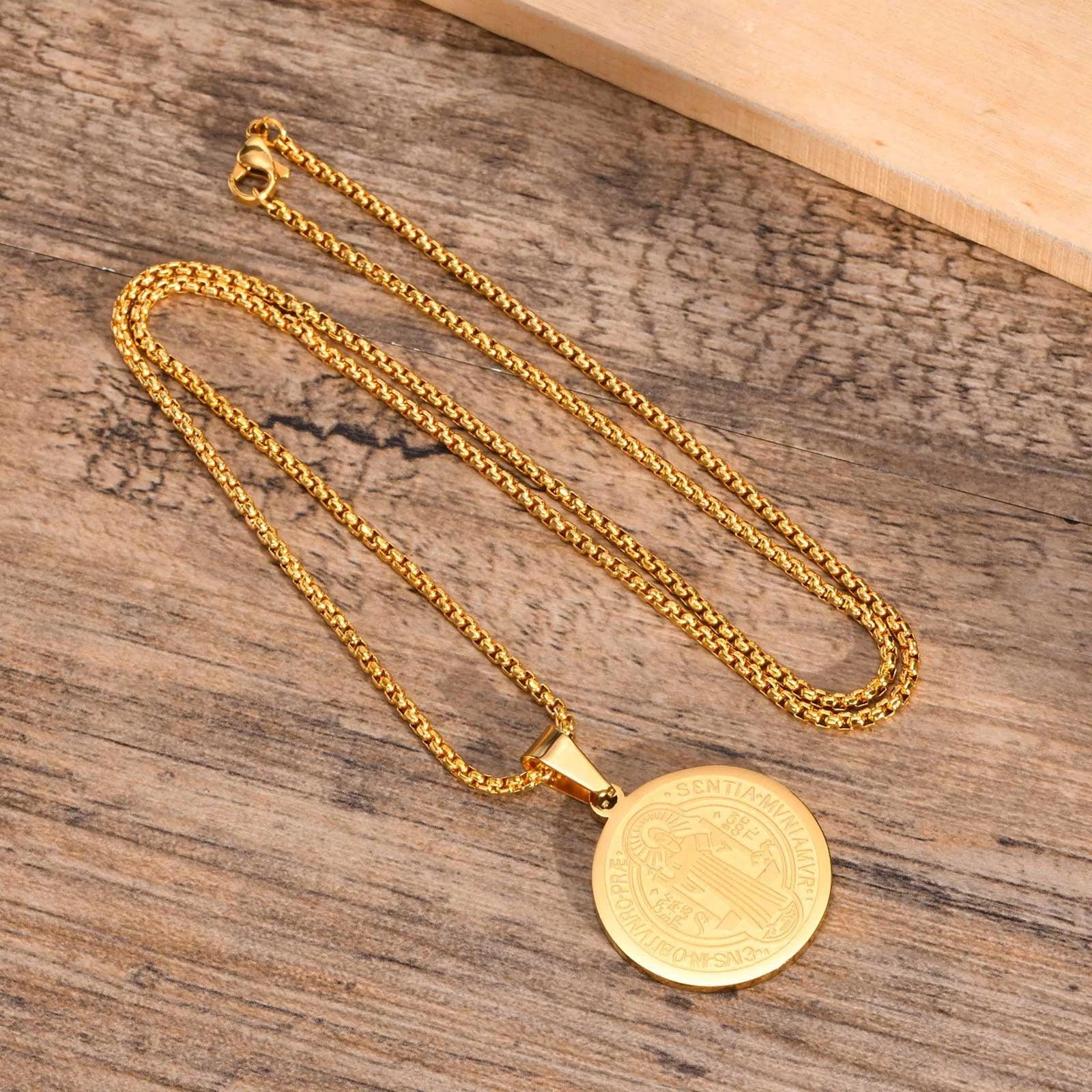 Saint Benedict Pendant Necklace in Gold Colour-Cross Necklace-Auswara