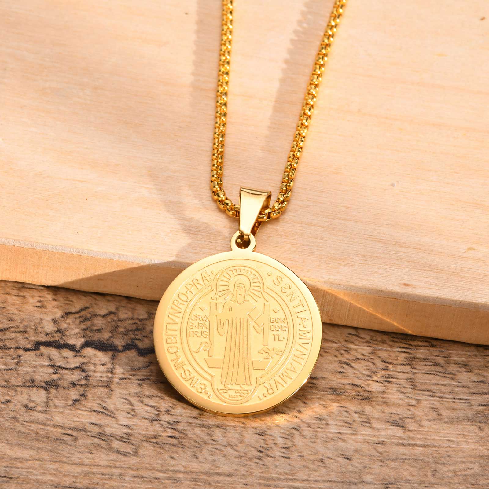 Saint Benedict Pendant Necklace in Gold Colour-Cross Necklace-Auswara