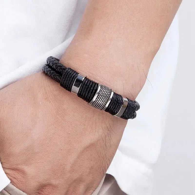 Double Braided Leather Layer with Classic Steel-Leather Bracelet-Auswara