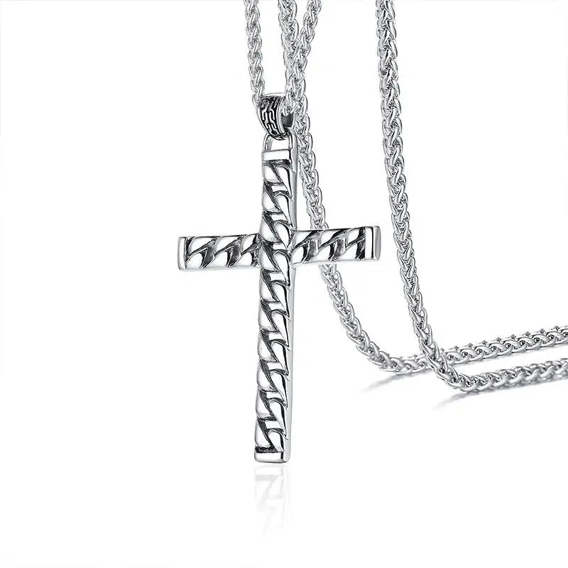 Silver Colour Cross Chain Pendant for Men-Cross Necklace-Auswara