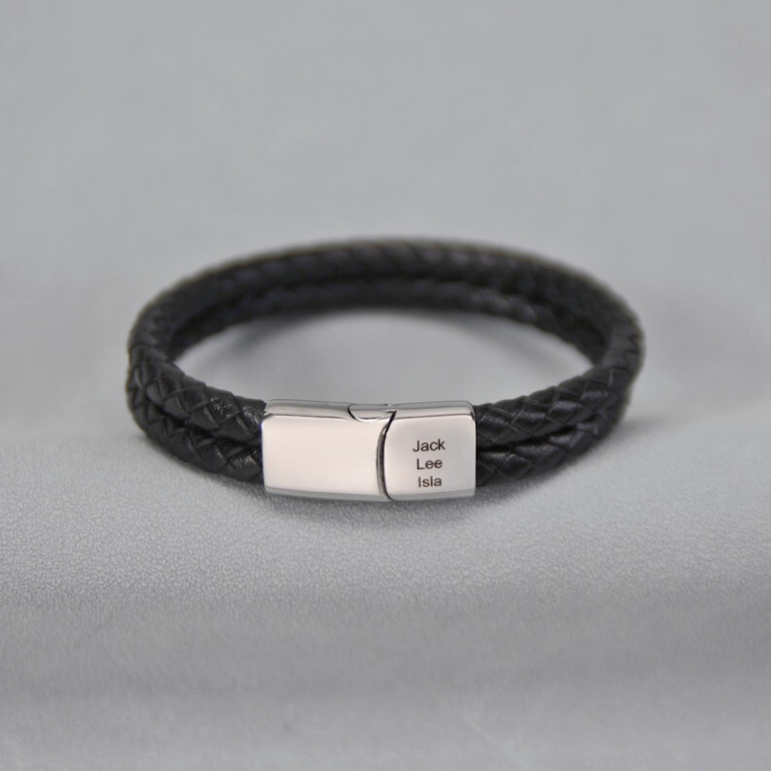 Black Double Braided Personalised Leather Bracelet-Personalised Bracelet-Auswara