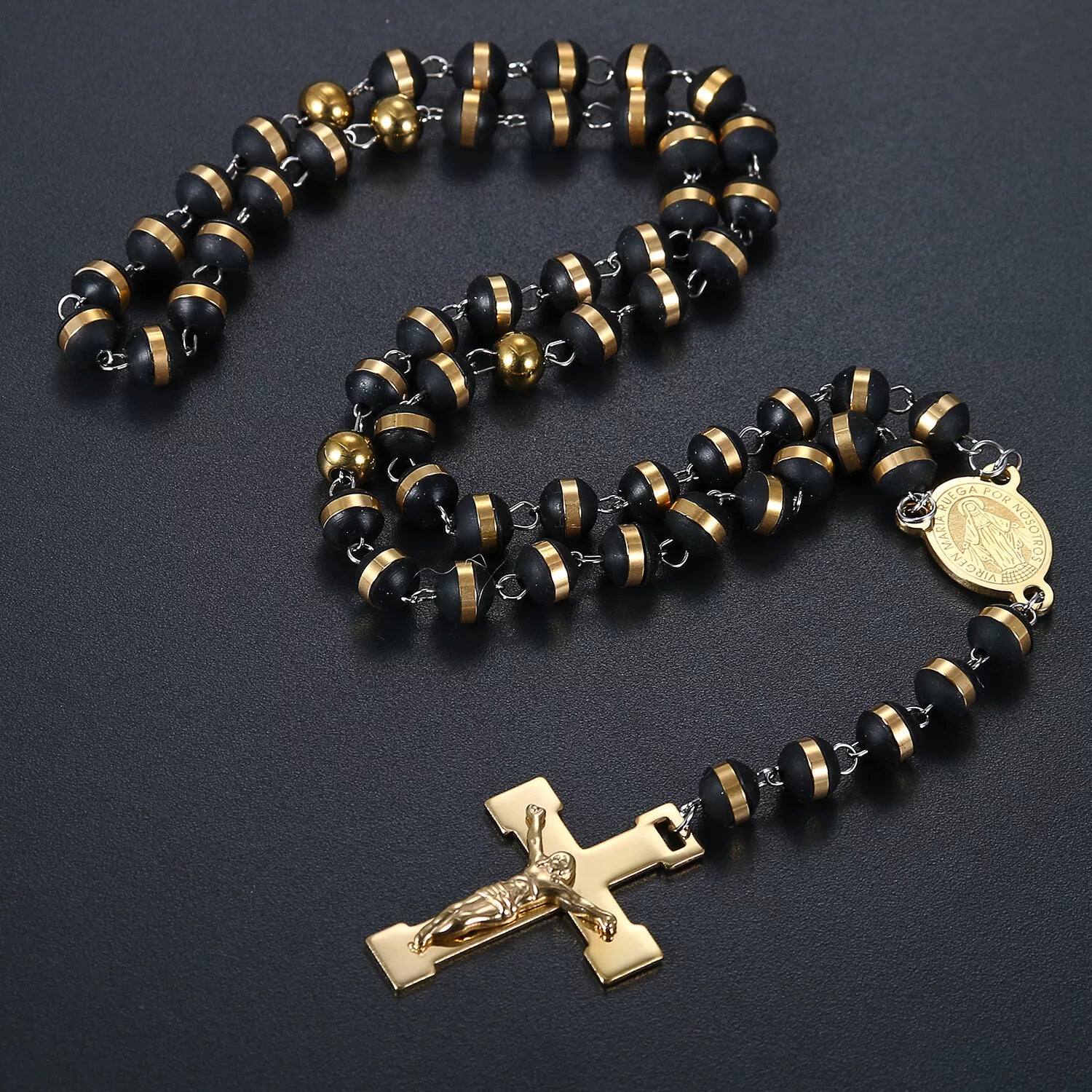 St Benedict Rosary Beads Necklace with Cross Pendant in Black & Gold